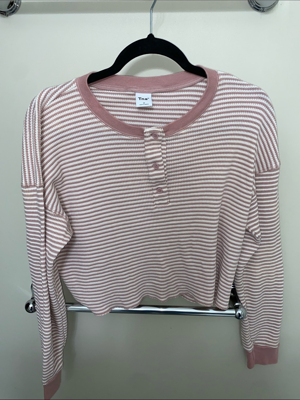 TNA Dusty Pink & White Striped Henley Long Sleeve Top